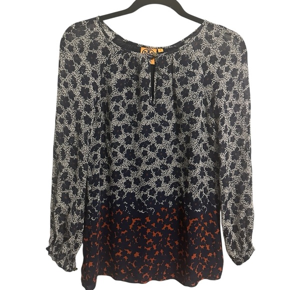 Tory Birch 100% Silk Womens Blouse Blue Floral Tunic Keyhole Neck Top Size 0 - Picture 1 of 6